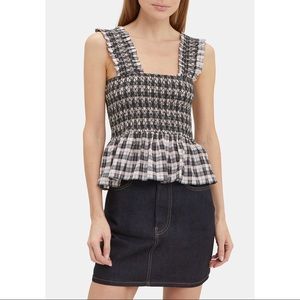 Ganni Charron Smocked Gingham Peplum Tank Top
